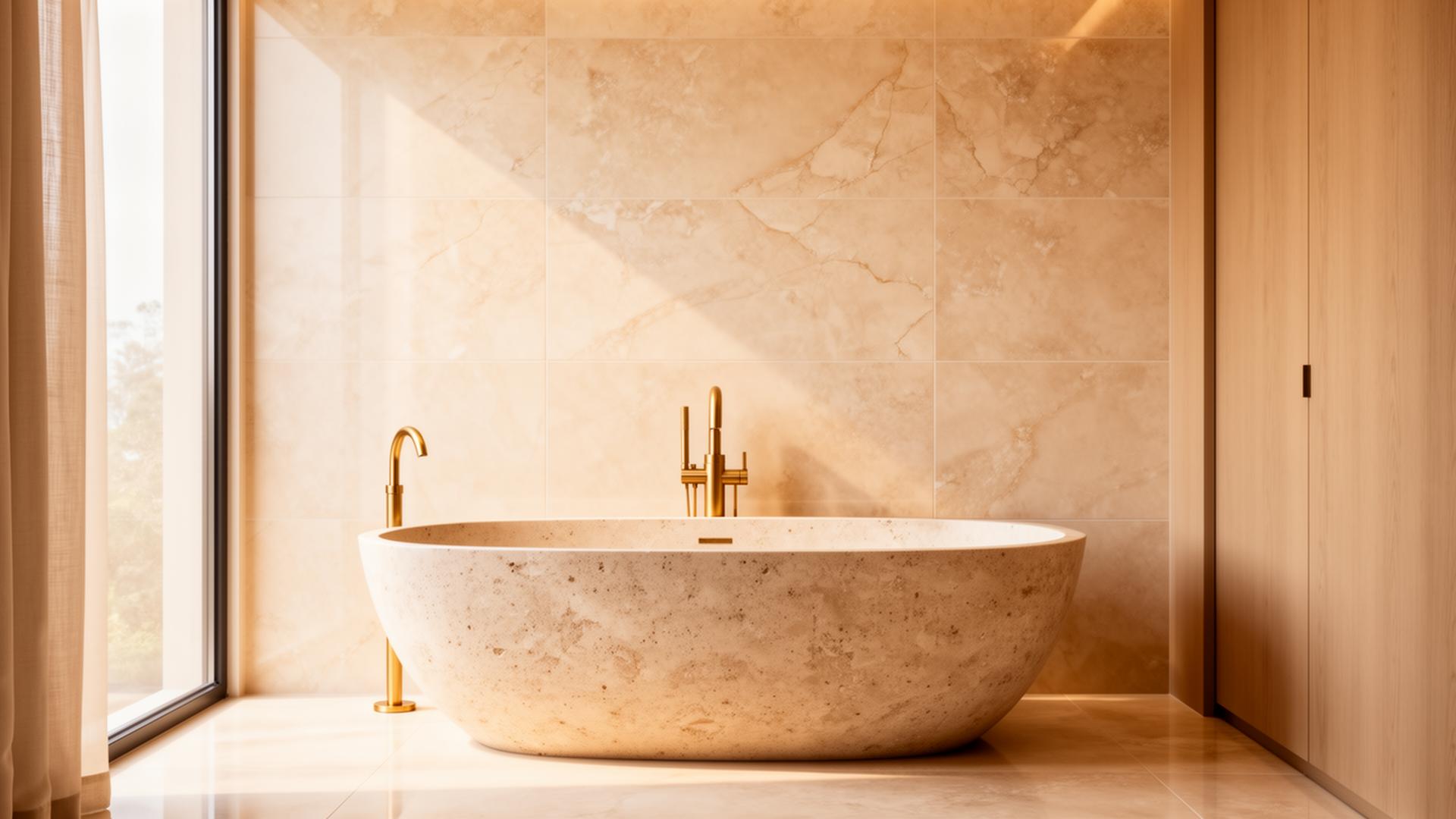 Modern luxury bathroom renovation with stone bathtub and brushed gold fixtures